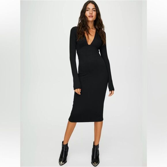 Wilfred Dresses & Skirts - Aritzia Wilfred Free Abby Dress Black Deep Plunge Long Sleeve